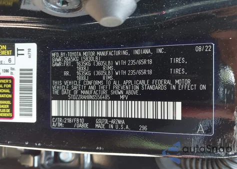 2022 Toyota Highlander Le z USA, uszkodzony, nr VIN 5TDZZRAH8NS556485